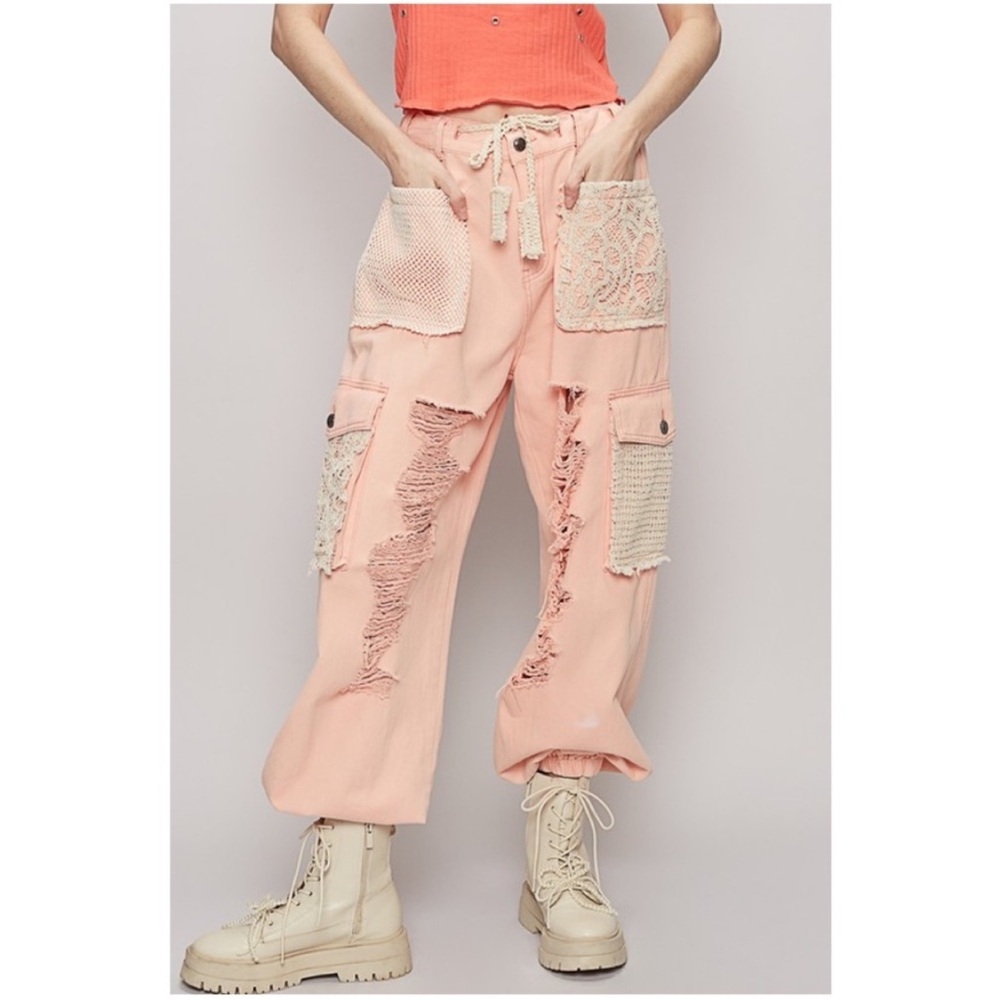 NWT! POL Pink Vintage Wash Lace Distressed Denim Jean Joggers Pants